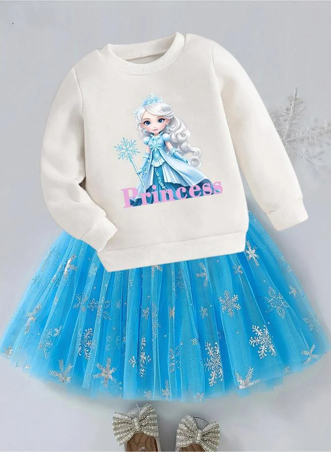 تايك تو طقم سويت شيرت بناتي بطبعة أميرة مع تنورة